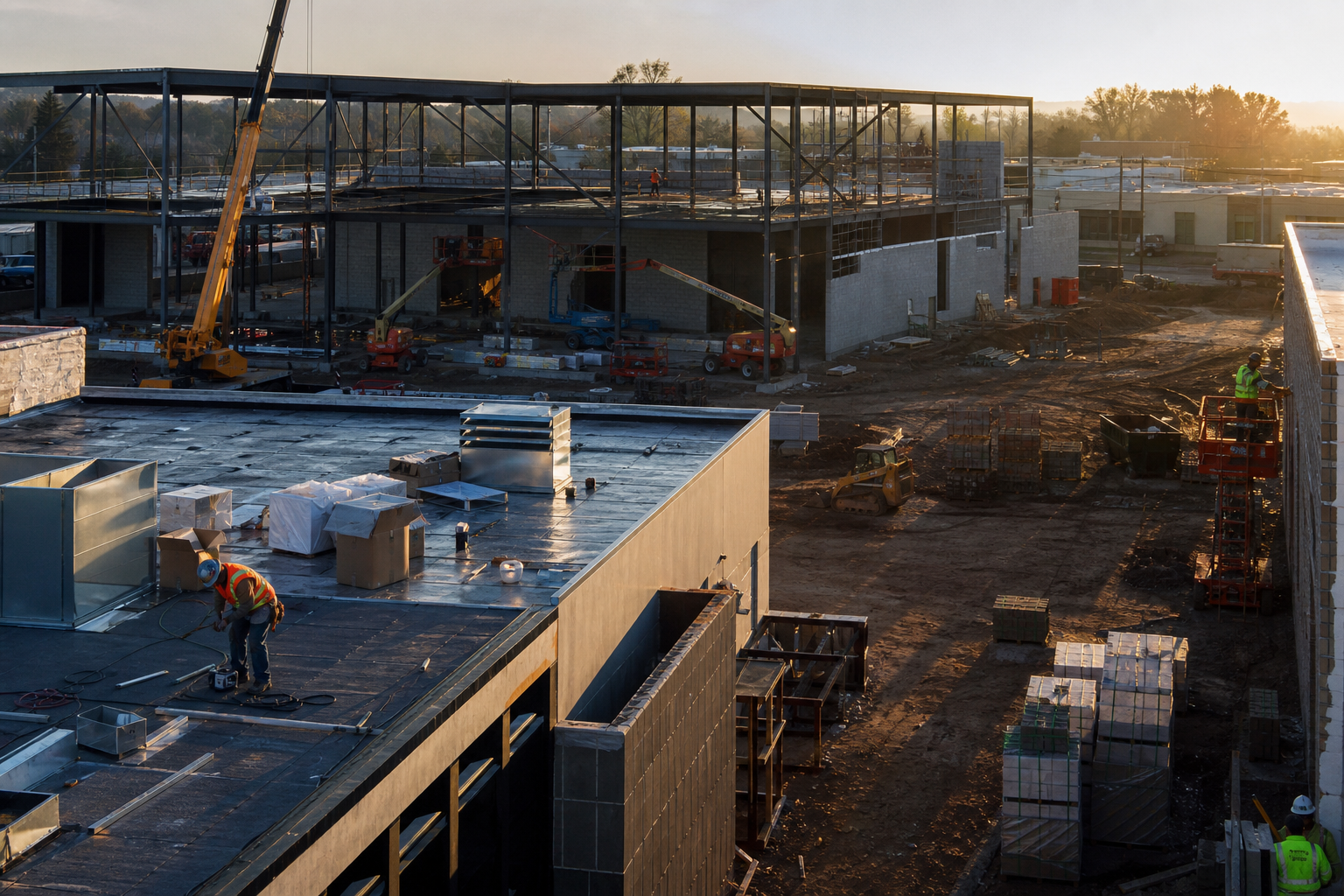 Commercial jobsite at sundown with steel frame, crane, and crews still on site.