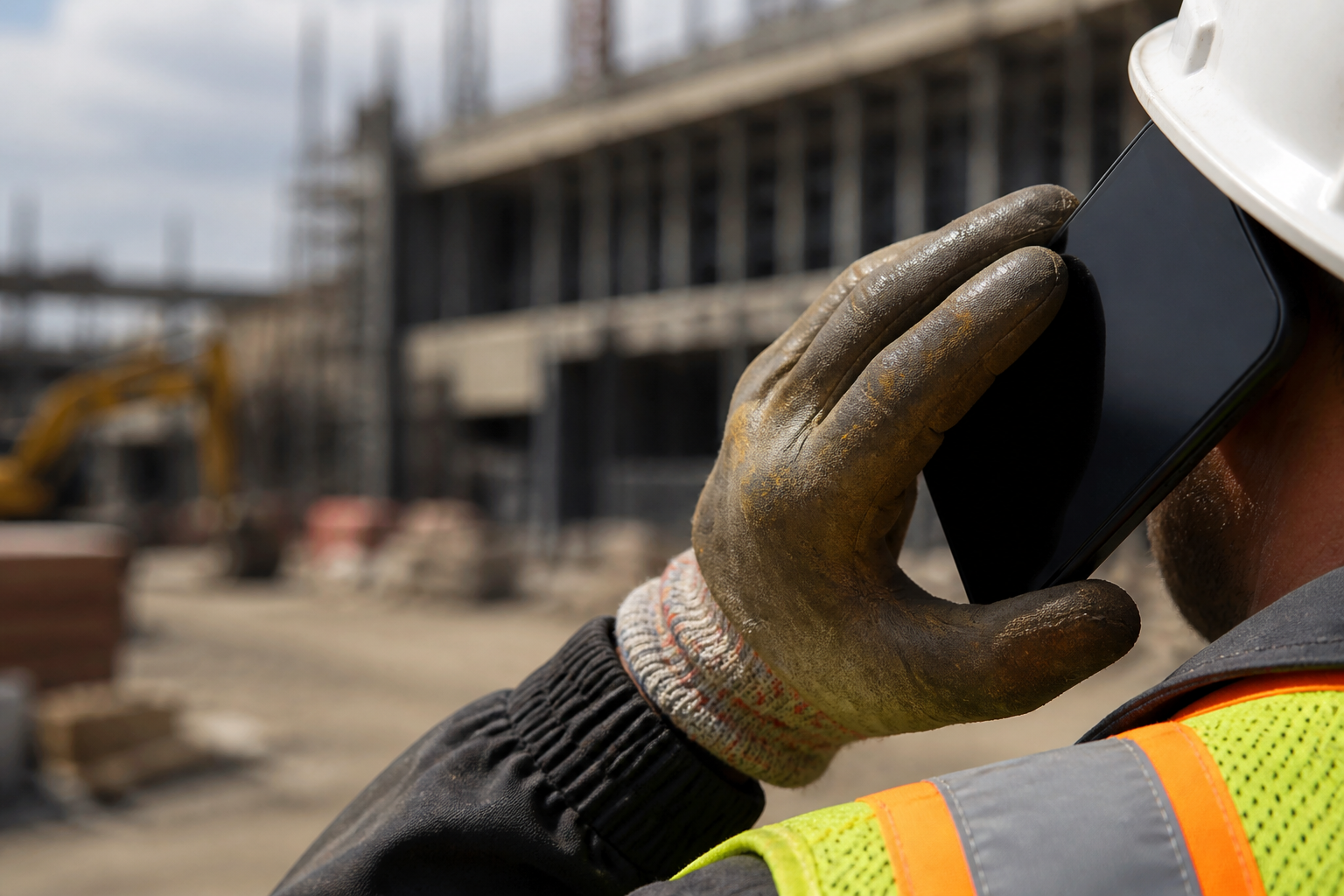 Superintendent on an active jobsite taking a voice call on a smartphone, hard hat and high-visibility vest on.
