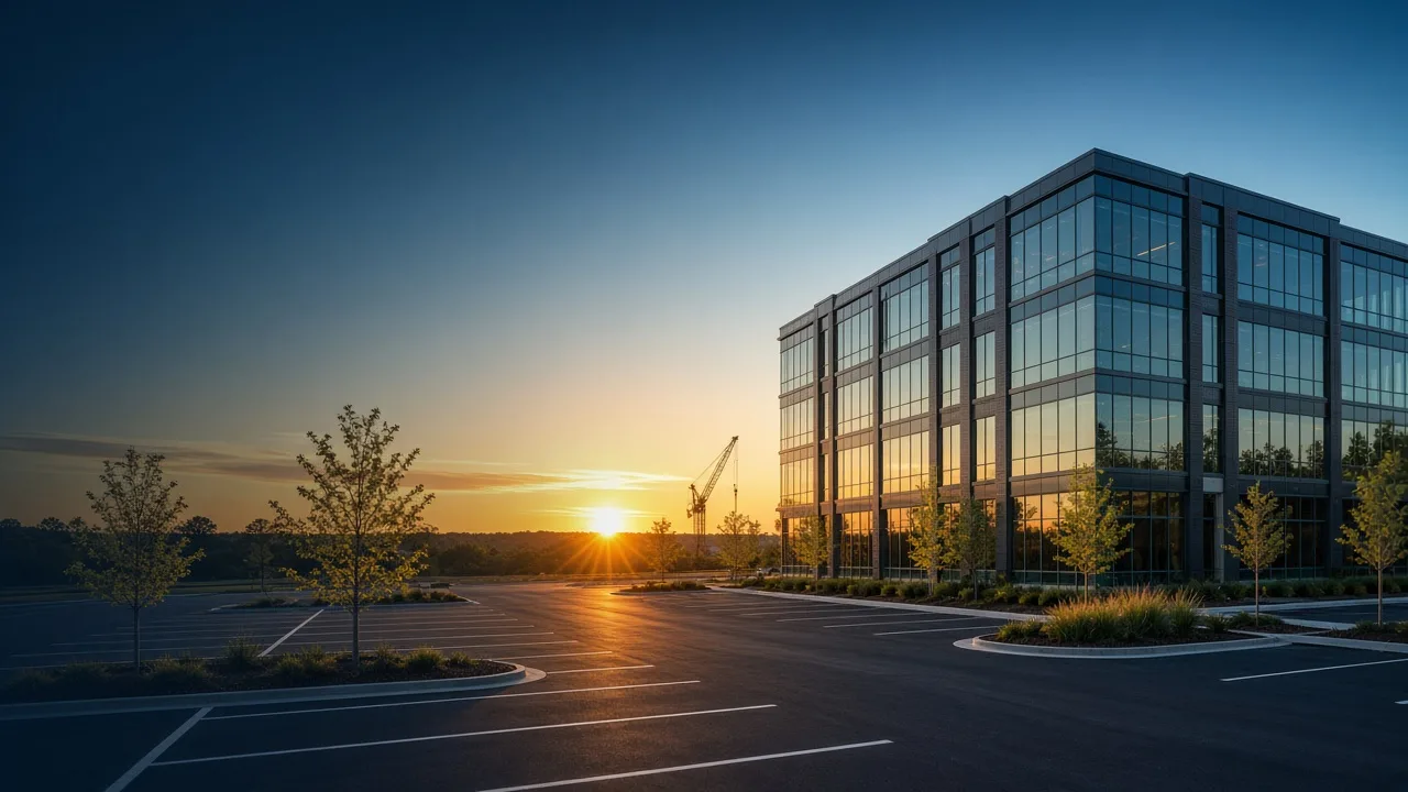 Sun rising over a finished commercial building and its new parking lot